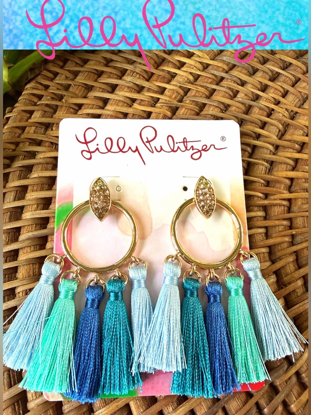 LILLY PULITZER TASSEL EARRINGS 🩵SHADES OF BLUE/GOLD PEACOCK FRINGE PIERCED POST